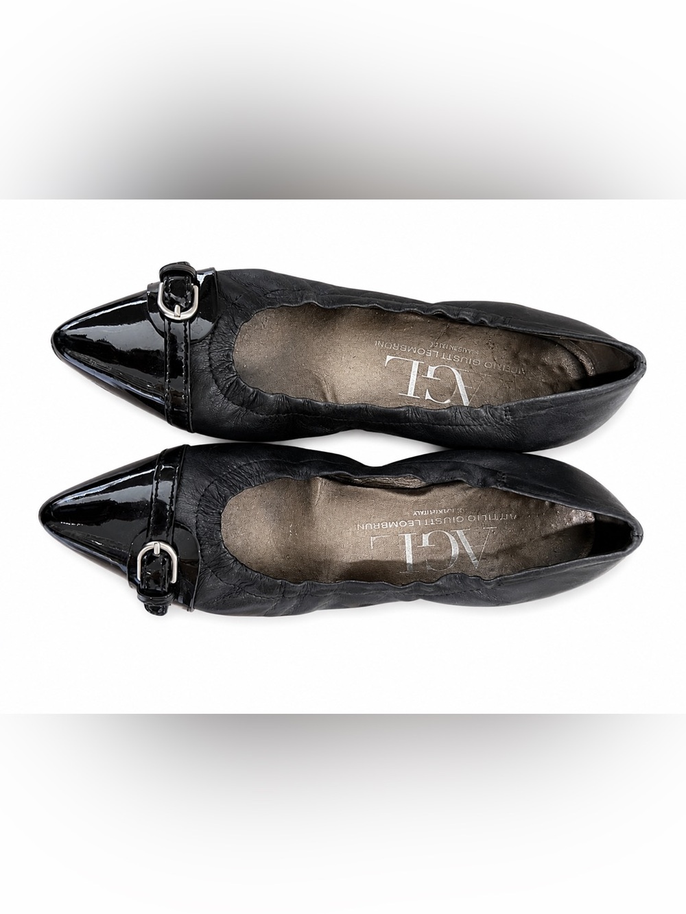 AGL Black Pointed Ballet Flats with Patent Cap and Buckle